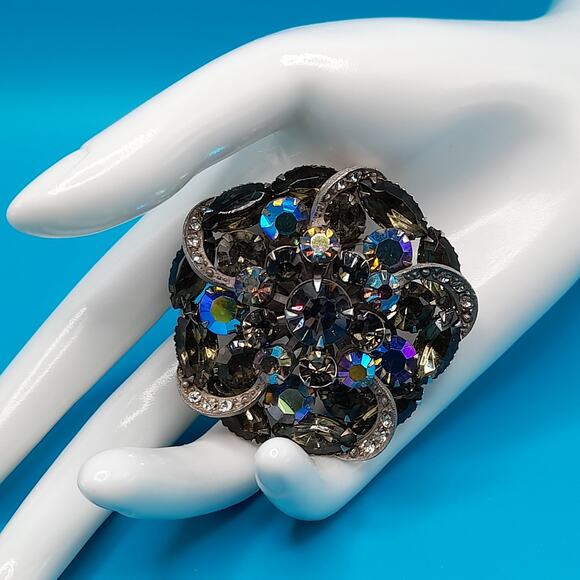 Vintage AB Black Diamond Rhinestone Flower Brooch Silver Tone 2 Inch main image 10